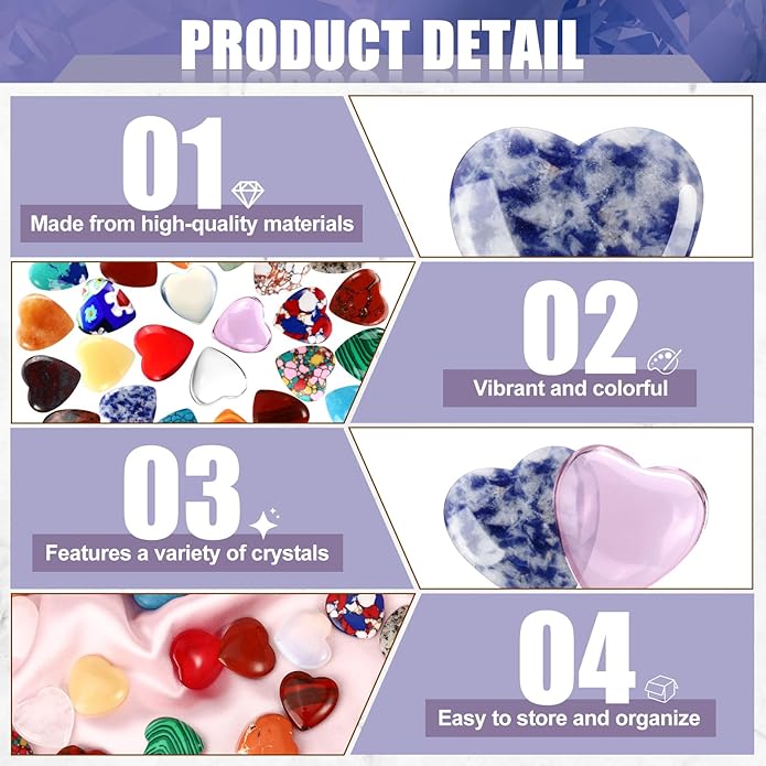 100PCS Worry Stones Heart Shape Healing Crystals, Anxiety Crystal Bulk 0.8 Inch Gem Stones Rocks Crystals Natural Cute Pocket Meditation Heart Beads Wholesale Set Gifts