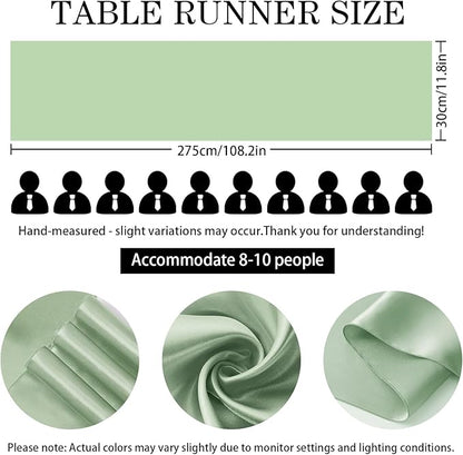2 Pack Sage Green Satin Table Runner 12x108 Inches Long, Bright Silky Smooth Satin Table Runner Table Decor for Wedding Banquet Christmas Prom Event Birthday Party