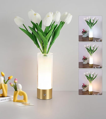 Flower Night Light,Touch Vase Lamp,Rechargeable Cordless Table Lamp,Dimming Small Mood Lighting for Dining Table/Bed Room/Bathroom/Closet,Gifts for Women/Mom, Artificial Tulips Included