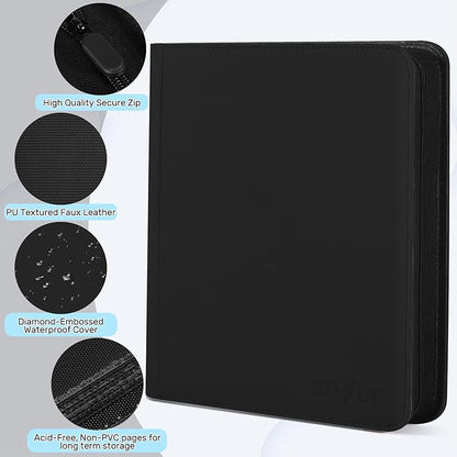 Trading Card Binder 12 Pocket, Zipper Binder Card Album Holds 720 Cards, 30 Pack Acid-Free Pages with Side Loading, Premium Leather Cover Card Folder for TCG/MTG/Sports Cards Collection, Black