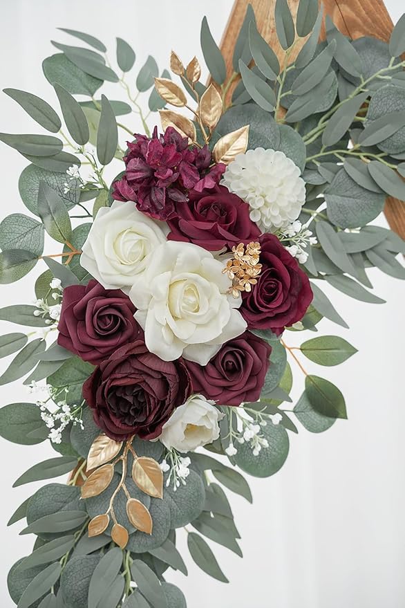 Artificial Burgundy Flower Swag Set of 2 for Wedding Welcome Signs Floral Decorations, Wedding Arch Flowers for Wedding Ceremony, Ivory Wedding Flower