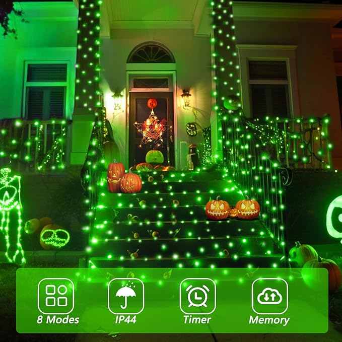 YEGUO 66ft 200 LED Green Halloween Lights Outdoor Waterproof, Green Wire Christmas String Lights Indoor, 8 Modes Twinkle Tree Lights Plug in with Timer Memory