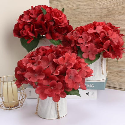 Flower Table Centerpieces - Set of 6 Floral Arrangement Artificial Wedding Hydrangeas Floral Arrangement with Rustic Metal Vase for Bridal Tea Party Event Decorations - Deep Red