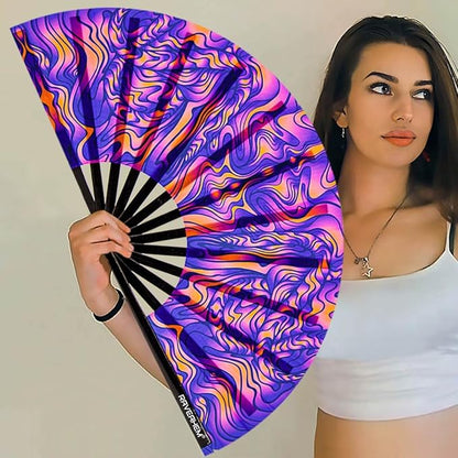 UV Glow Rave Fan, Bamboo Folding Clack Hand Fan for Men Women (Wellen, Large 13")