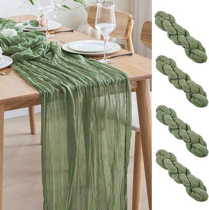 Asee'm 4pcs Cheesecloth Table Runner 120 Inches Sage Green Boho Gauze Cheese Cloth Runner 10FT Rustic Sheer Table Runners for Summer Wedding Baby Shower Holiday Party Decoration