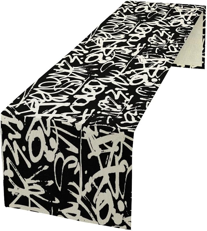 Graffiti Table Runner,Black White Abstract Messy Art Theme Pattern Print Tablecloth Burlap for Hotel Indoors Outdoor Dining Room Kitchen Home Decor,W13X L70 in