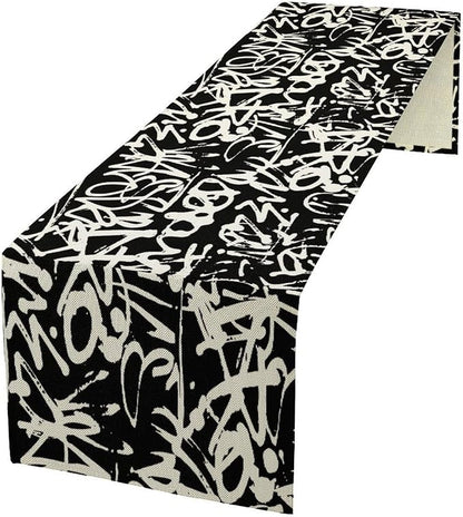Graffiti Table Runner,Black White Abstract Messy Art Theme Pattern Print Tablecloth Burlap for Hotel Indoors Outdoor Dining Room Kitchen Home Decor,W13X L36 in