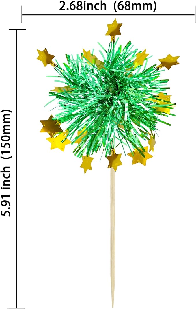 Ephlyn 30Pcs Foil Firework Cupcake Toppers Happy Birthday Cake Toppers Tinsel Flower Drink Stirrers Cocktail Food Fruit Toothpicks for Valentine's Day Party Decorations Green