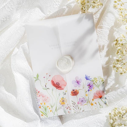 50 Pack Pre-Folded Vellum Jackets for 5x7 Invitations,AZAZA Pretty Translucent Invitation Sleeves,115GSM Vellum Jackets 5x7, Wedding Invitation AccessoriesFor, Weddings Birthdays,Wildflowers
