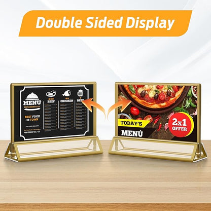 Smarpau 7x5 Gold Acrylic Sign Holder, 8 Pack Double Sided Holders Menu Holder for Wedding Party, Picture Frames Stands, Flyer Stand, Paper Display Stand Table Number Holders for Cafe, Restaurant