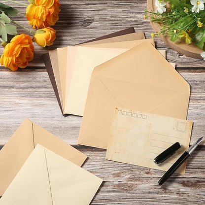 50 Pack Colored A7 Invitation Envelopes 5x7 with Gold Stickers for Cards and Invitations, 5 Colors (Brown, 5 1/4 x 7 1/4 inches)