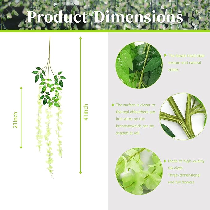12 Pack Green Wisteria Hanging Flowers, 3.44 Ft Fake Hanging Flowers, Artificial Wisteria Garland Vines for Wedding Room Backdrop Outdoor Patio Garden Decoration