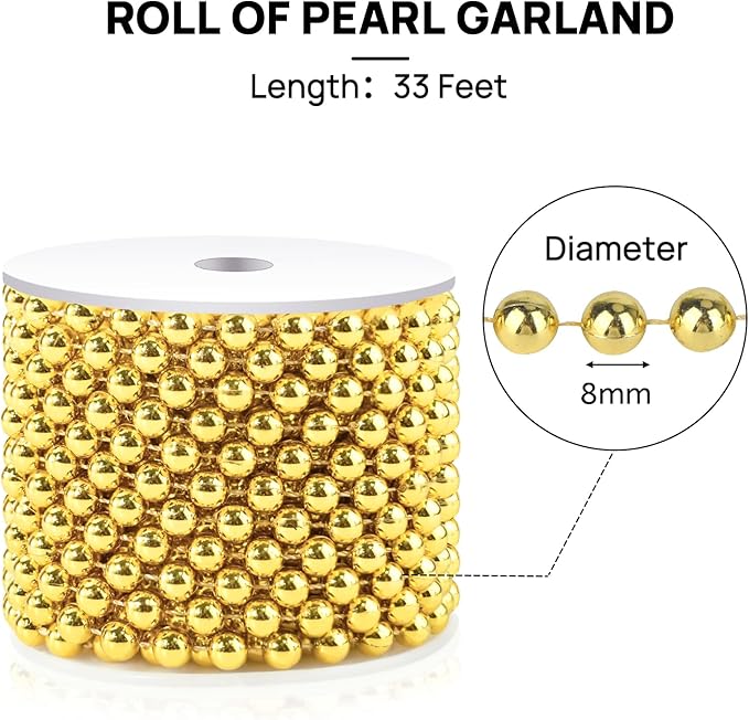 Craft String Pearls 8MM Pearl Bead, 33 Feet Gold Faux Pearl Garland Spool Roll Strand Wedding Party Decoration, Christmas Tree Decorations