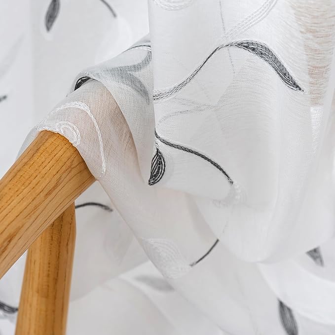 VISIONTEX White Sheer Voile Curtains Loop Embroidered, Decorative Grey Leaves Embroidery Faux Linen, Rod Pocket Window Drapes for Rustic Farmhouse Bedroom 54 x 84 Inch, Set of 2 Panels