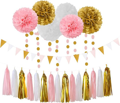 Pink-White Gold Girl Birthday Party-Decorations - 23pcs Kits Tissue Paper Pom Poms Streamers,Princess Banner Flags,Bachelorette Baby Bridal Shower Engagement Decoration Tassel Garland Lasting Surprise