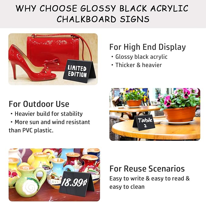 PigPotParty Acrylic Mini Chalkboard Signs for Food, 12 Pcs 4"x3" Small Food Labels for Party Buffet, Glossy Black Table Place Cards for Wedding, Elegant Event Decorations, w/ 2 Wet Erase Markers