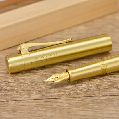Hongdian M2 Black Forest Mini Fountain Pen, Long Blade Nib & Sleek Shape Brass Short Pocket Travel Pen (Glossy Brass)