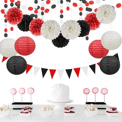 White Red Black Party Decorations - 15Pcs Tissue Paper Flower Pom Poms Lanterns Birthday Wedding Graduation Bachelorette Hanging Decor