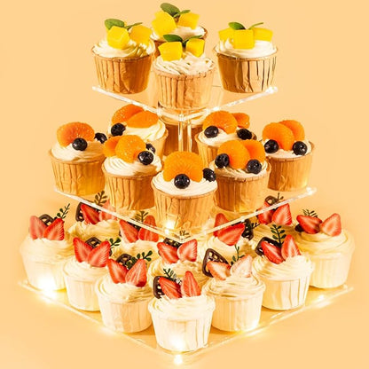 3 Tier Cupcake Stand Cupcake Holder, Acrylic Cupcake Tower with LED Yellow Light for 24 Cupcakes, Dessert Table Display Set for Birthday, Bar, Decor Weddings, Parties Events