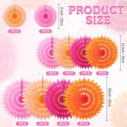 Outus 12 Pcs Hanging Honeycomb Paper Fans Sets, Fiesta Pink and Orange Party Decorations, Tissue Paper Flowers Supplies for Birthday Wall Classroom Wedding Bridal Photo Backdrop (14/10/6 Inch)