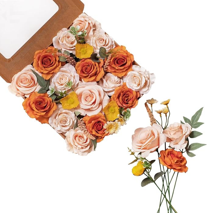 FANKO Rose Artificial Flowers Combo for DIY, Fake Orange Rose Artificial Silk Flowers with Greenery, Real Looking Artificial Faux Flowers for Wedding, Table Decoration, Centerpieces, Party, Home Décor