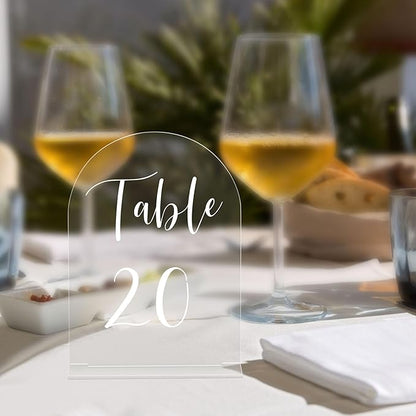 JOYIT Arch Wedding Table Numbers 1-40 with Stands – 5" X 7" Acrylic Table Signs with Clear Background White Text, Perfect Acrylic Table Numbers for Wedding Receptions, Parties, Anniversaries, and Events