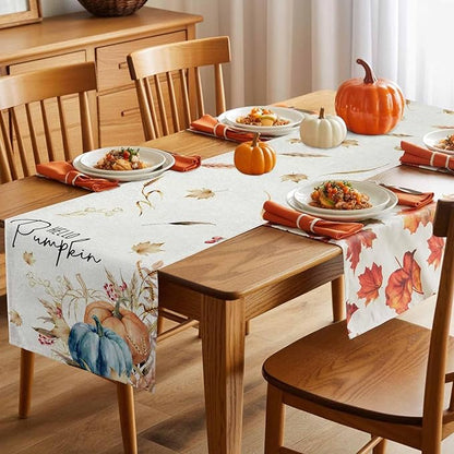 Fall Thanksgiving Cotton Linen Table Runner for Dining Kitchen, Orange Pumpkins Outdoor Party Autumn Tablerunners Decoration, Rustic Wheat Leaves Dresser Scarf Coffee Tablecloth Runners 13x60 Inches