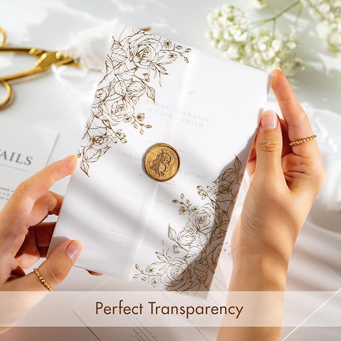 50 Pack Pre-Folded Vellum Jackets for 5x7 Invitations,AZAZA Gorgeous Translucent Invitation Sleeves,115GSM Vellum Jackets 5x7, Wedding Invitation Accessories,for Weddings Birthdays,Golden Roses