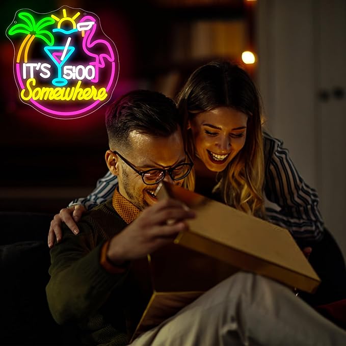 Its 5 O'clock Somewhere Neon Sign for Wall Decor Dimmable Led Flamingo Cocktail Neon Light for Man Cave Tiki Bar Home Beer Bar Beach Party Bedroom Christmas Birthday Gift Size 13.1 * 12.9In (WZCP167)