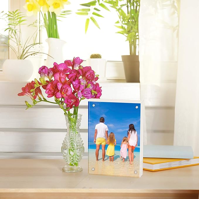 Meetu Acrylic 5x5 Picture Frame 5 Pack Clear Two Sided Desk Photo Frame Magnetic Frame Inner Size 4x4 with Gift Pack for Display Family Pictures Baby Photos Friends Pictures Pet Dog Picture