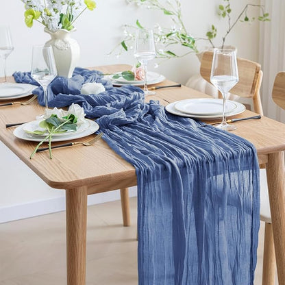 Asee'm 3pcs Cheesecloth Table Runner 120 Inches Long Blue Boho Gauze Cheese Cloth Runner 10FT Rustic Sheer Table Runners for Christmas Wedding Party Baby Shower Spring Easter Decoration