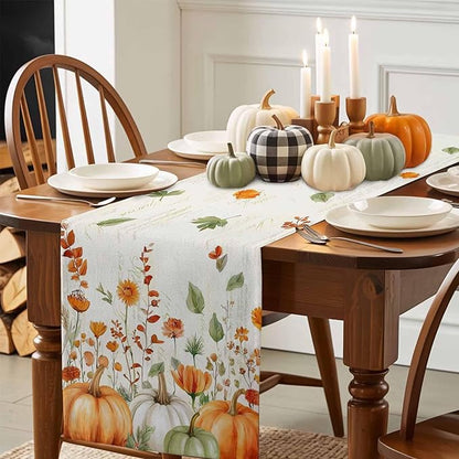 Fall Wildflowers Cotton Linen Table Runner for Dining Kitchen, Thanksgiving Pumpkin Outdoor Party Rustic Tablerunners Decoration, Botanical Floral Vintage Dresser Scarf Tablecloth Runners 13x72 Inches