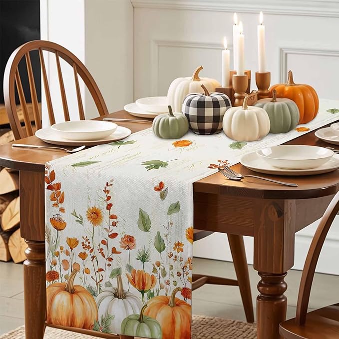 Fall Wildflowers Cotton Linen Table Runner for Dining Kitchen, Thanksgiving Pumpkin Outdoor Party Rustic Tablerunners Decoration,Botanical Floral Vintage Dresser Scarf Tablecloth Runners 13x108 Inches