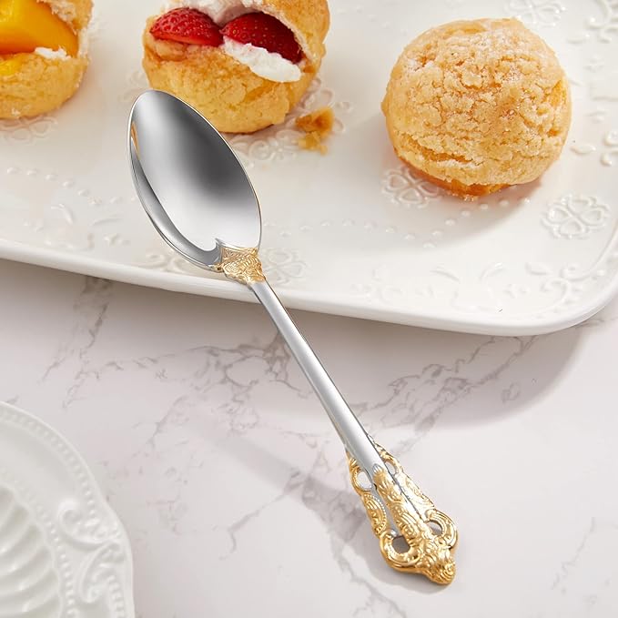 KEAWELL Luxury 6.3" Teaspoons, 18/10 Stainless Steel, Gorgeous Small Spoons, Stirring, Mixing, Sugar, Cake, Dessert Spoons, Mini Antipasto spoons (Gold Accent)