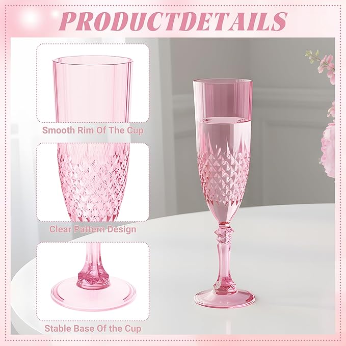 Plastic Champagne Flutes, 12PCS Pink Wine Glasses Goblets Cups Reusable Flute, for Weddings Bachelor Parties Toasting and Events(12, Pink)