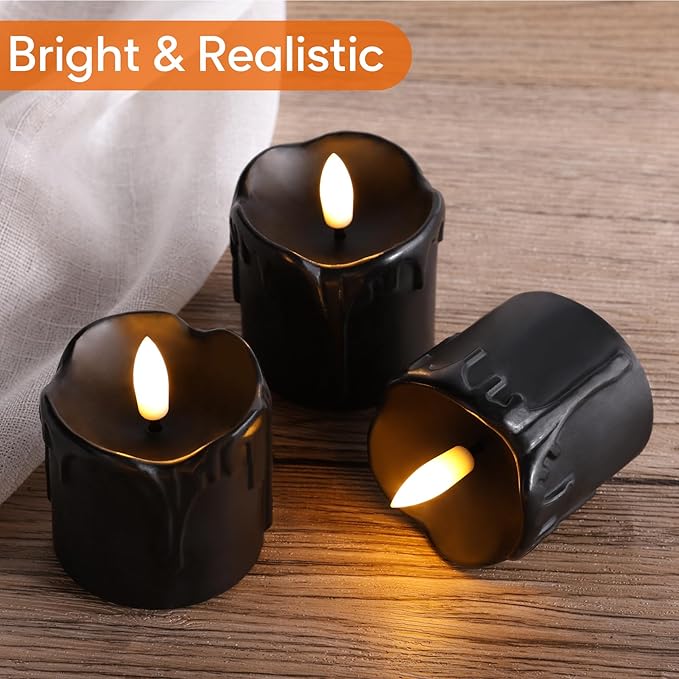 Eywamage Black Dripping Wax Flameless Candles with Timer Batteries, Realistic Flickering LED Votive Candles Set of 6