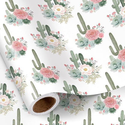 RUSPEPA Cactus Floral Wrapping Paper Roll, Mini Roll, Elegant Cacti and Roses Design, Soft Pink and Green Gift Wrap for Wedding, Birthdays, Baby Shower, Spring and Summer Party, 17 Inches x 16.4 Feet