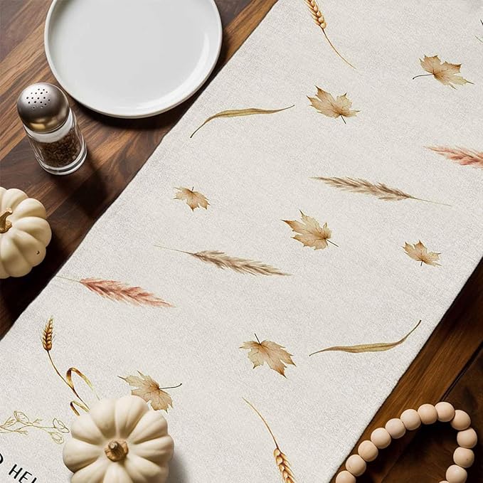 Fall Thanksgiving Cotton Linen Table Runner for Dining Kitchen, Orange Pumpkins Outdoor Party Autumn Tablerunners Decoration, Rustic Wheat Leaves Dresser Scarf Coffee Tablecloth Runners 13x72 Inches