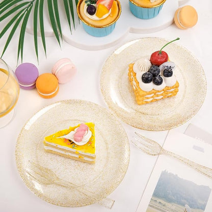Festiva 200Pcs Gold Glitter Dessert Plates 6.3" with Forks 5"-Small Plastic Dessert/Cake/Appetizer Plates Disposable for 100 Guests Thanksgiving Party &Wedding& Birthday& Christmas