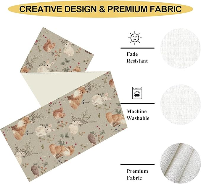 Rustic Forest Table Runner, Farmhouse Wild Woodland Animals Country Deer Fox Rabbits Watercolor Table Center Decor for Home Kitchen Dining Patio Holiday Party Outdoor Table Decorations, 13"x108" Inch