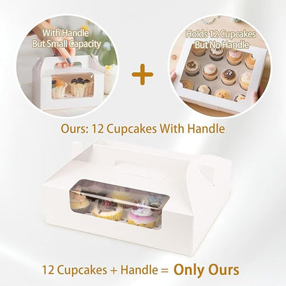 White Cupcake Boxes 12 Count, 30 Pcs Cupcake Containers with Handle, Window, and Inserts – Holds 360 Standard Cupcakes, Food-Grade Gable Boxes for Muffins, Cakes, and Party Desserts