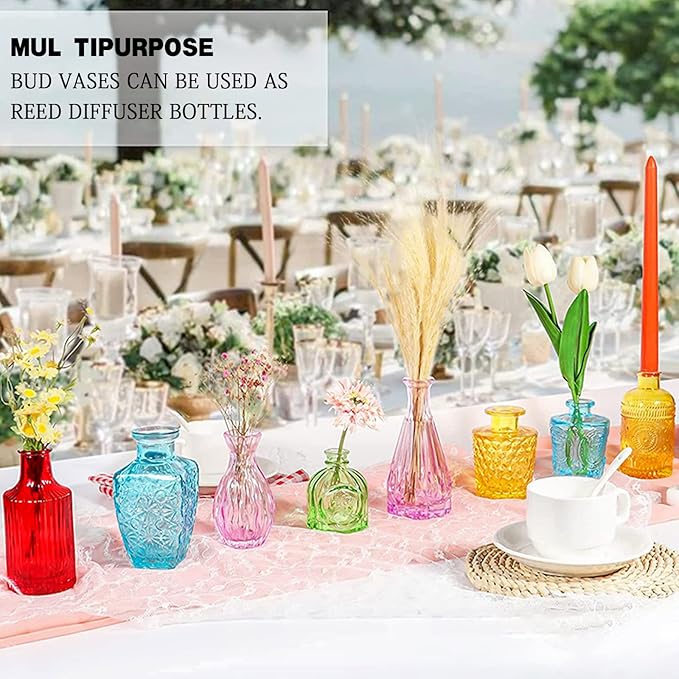 Color Bud Vases in Bulk -Glass Colorful Bud Vase Set Small Flower Glass for Centerpieces,Mini Vintage Style for Rustic Wedding Decorations, Holiday Party Table Flower Decor (20 Colors)