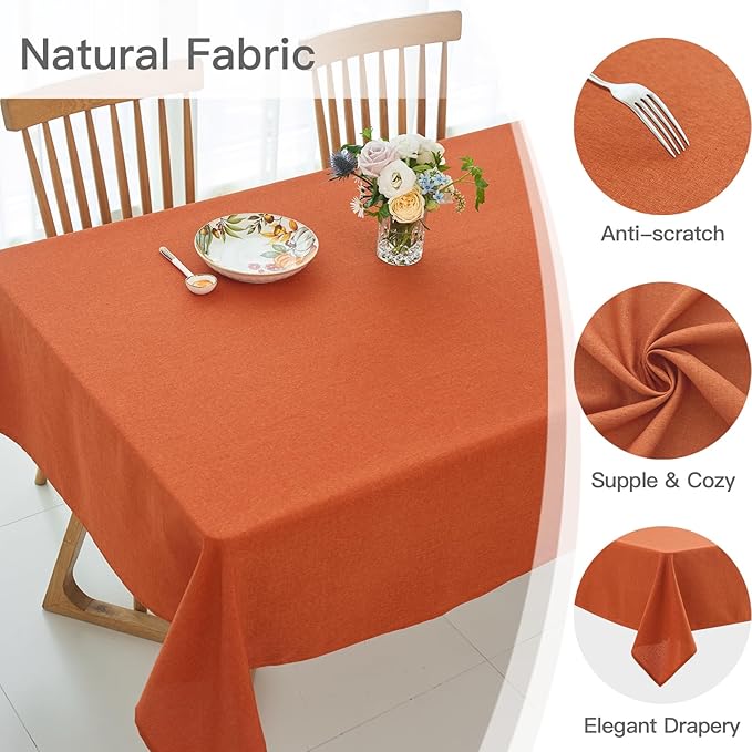 maxmill Fall Tablecloth Linen Texture Stain Resistant Waterproof Wrinkle Free Spillproof Washable Fabric Tablecloths, Dining, Harvest Thanksgiving Dinner Table Cloth, Rectangle 60 x 140 Inch, Rust