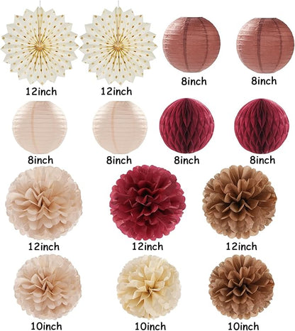 Brown Burgundy Champagne Boho Party-Decorations - 14pcs Rustic Wedding Paper Lanterns Fan,Tissue Pom Poms Streamers,Honeycomb,Fall Autumn Birthday Baby Bridal Shower Engagement Decor Lasting Surprise