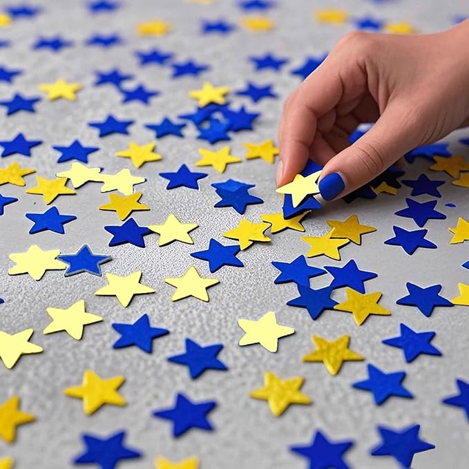 Blue Yellow and Gold Glitter Star Confetti for Party and Tables Decoration,Eid Ramadan Festival Theme Retirement Baby Shower Birthday Wedding Graduation Party,1.2inch in Diameter,200pc