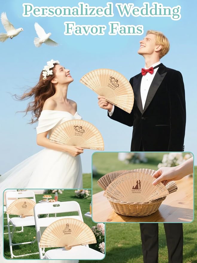 50Pcs Personalized Folding Hand Fans Custom Engraved Summer Wedding Fans,Personalized Wooden Fans Party Favor Bridal Shower Gifts for Guests