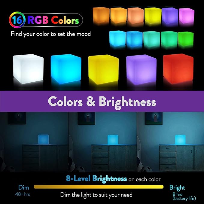 Mr.Go 4-inch Dimmable LED Night Light Mood Lamp for Kids and Adults - 16 RGB Colors - 8 Level Dimming - 4 Lighting Effect - Rechargeable - Remote Control - Decorative, Fun & Safe - White Finish Cube
