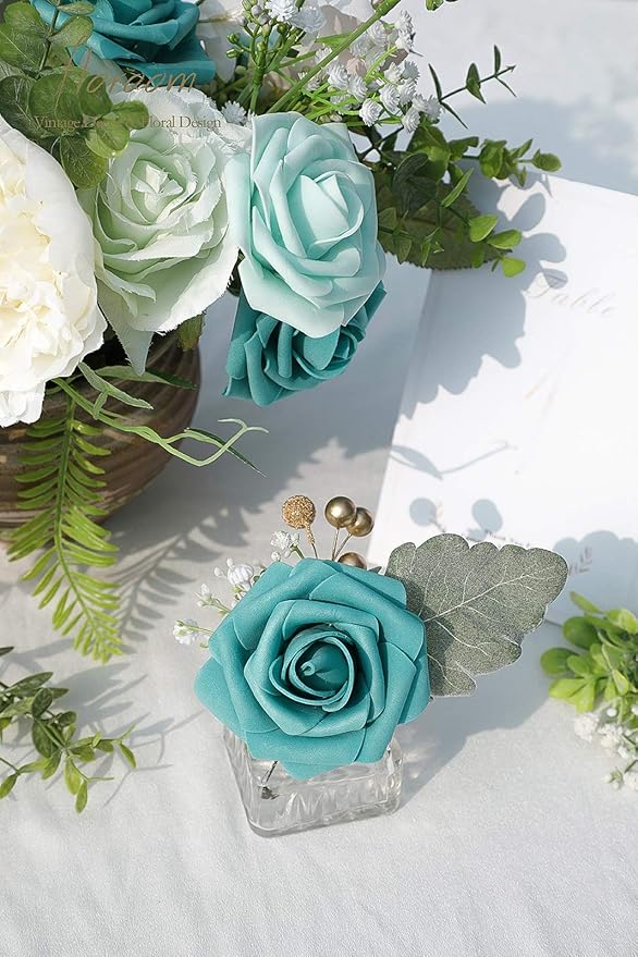 Floroom Artificial Flowers 25pcs Real Looking Teal Green Foam Fake Roses with Stems for DIY Wedding Bouquets Baby Shower Centerpieces Party Tables Home Decorations