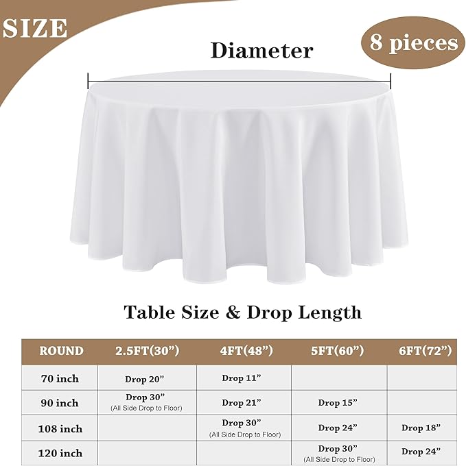 Fitable 8 Pack White Table Cloths 120 Inch Round - Stain Resistant and Washable Tableclothes, Polyester Fabric Table Covers for Wedding, Party, Banquet, Formal Events