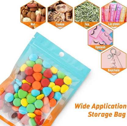 Funfery 100 Pcs Gradient Mylar Holographic Bags,Clear Window Smell Proof Foil Bag Sealing Resealable Bags with Zipper,Packaging Bag for Food Storage,Jewelry,Business Supplies(3.5×4.7in,Blue Orange)